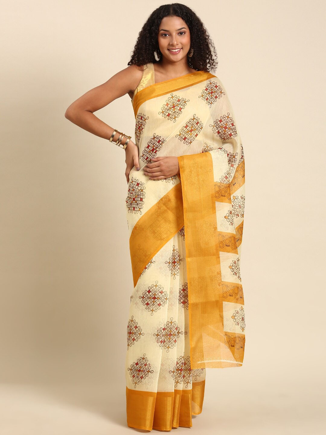 

Anouk Yellow & Off White Ethnic Printed Zari Saree