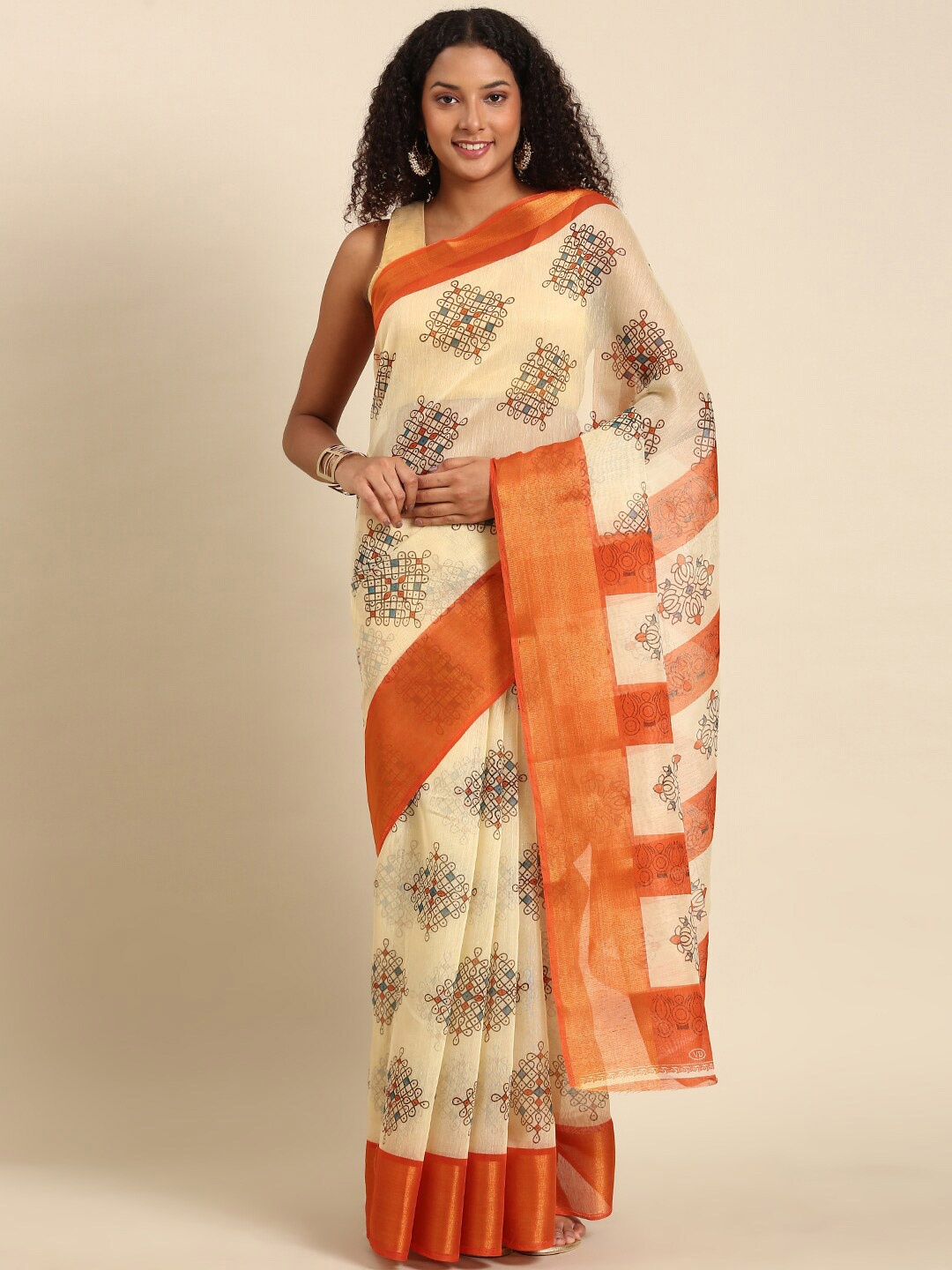 

Anouk Orange & Off White Ethnic Printed Zari Saree