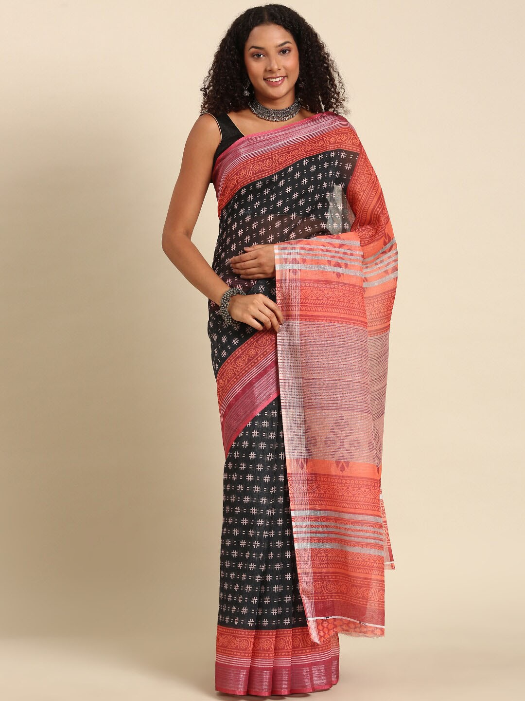 

Anouk Ethnic Motifs Printed Zari Saree, Black