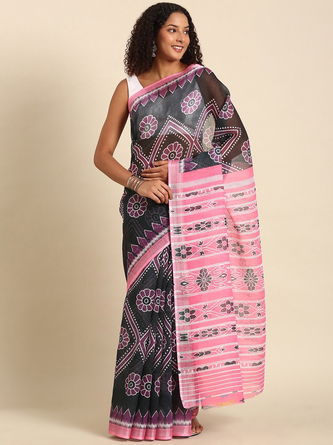 

Anouk Ethnic Motifs Printed Zari Saree, Black