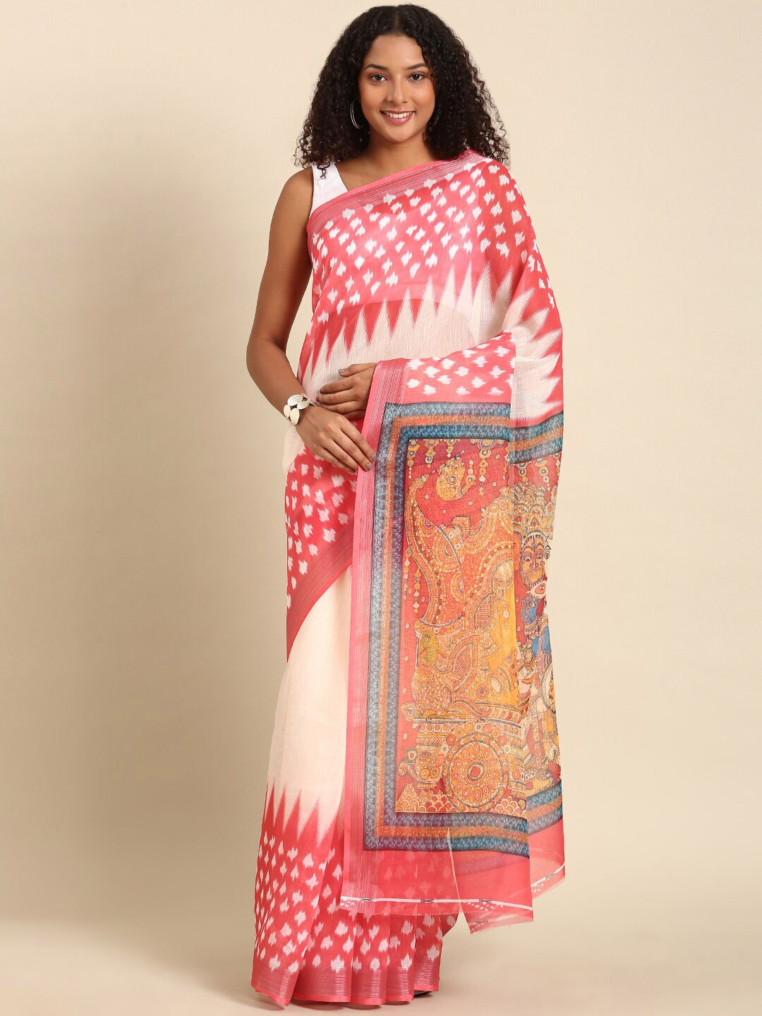 

Anouk Ethnic Motifs Printed Zari Saree, Coral
