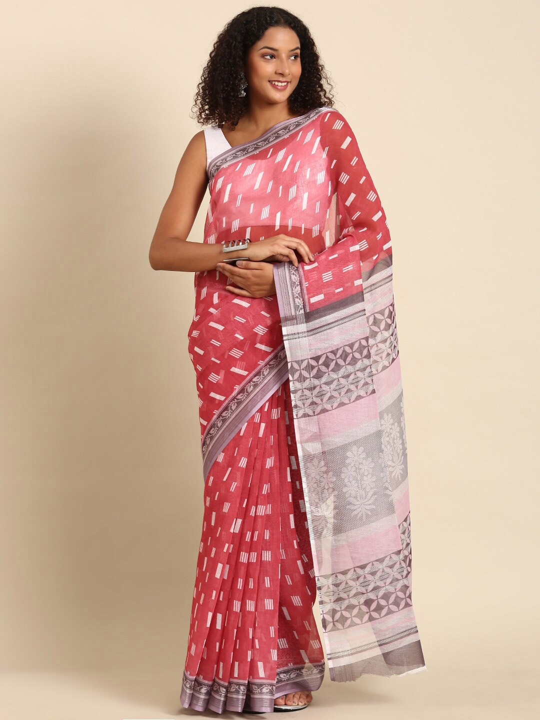 

Anouk Geomeric Woven Design Zari Saree, Coral
