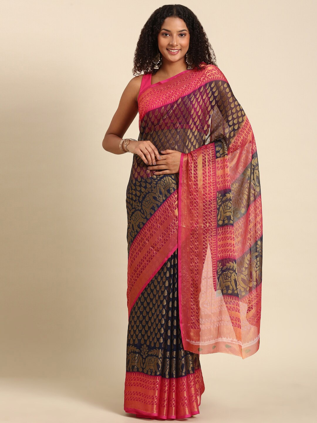 

Anouk Ethnic Motif Woven Design Zari Pure Chiffon Saree, Navy blue