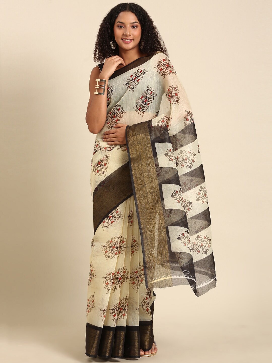

Anouk Black & Cream-Coloured Ethnic Motifs Zari Saree