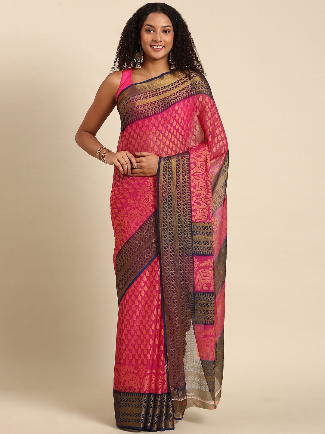 

Anouk Fuchsia & Gold-Toned Woven Design Zari Pure Chiffon Saree