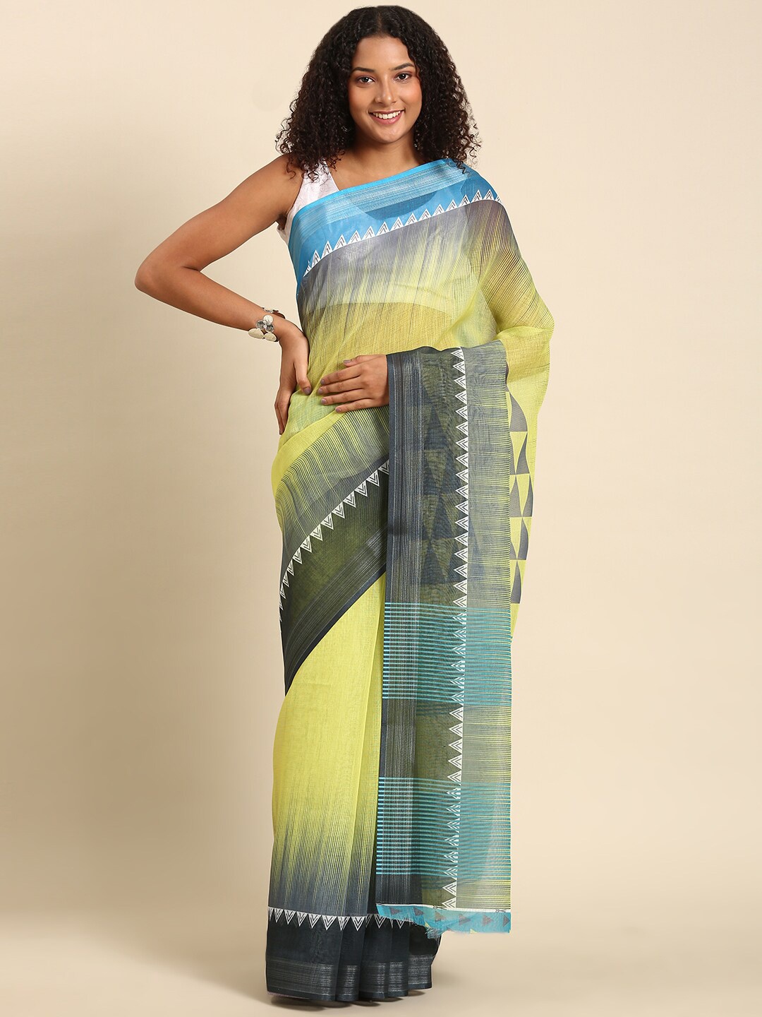 

Anouk Geometric Printed Zari Saree, Olive