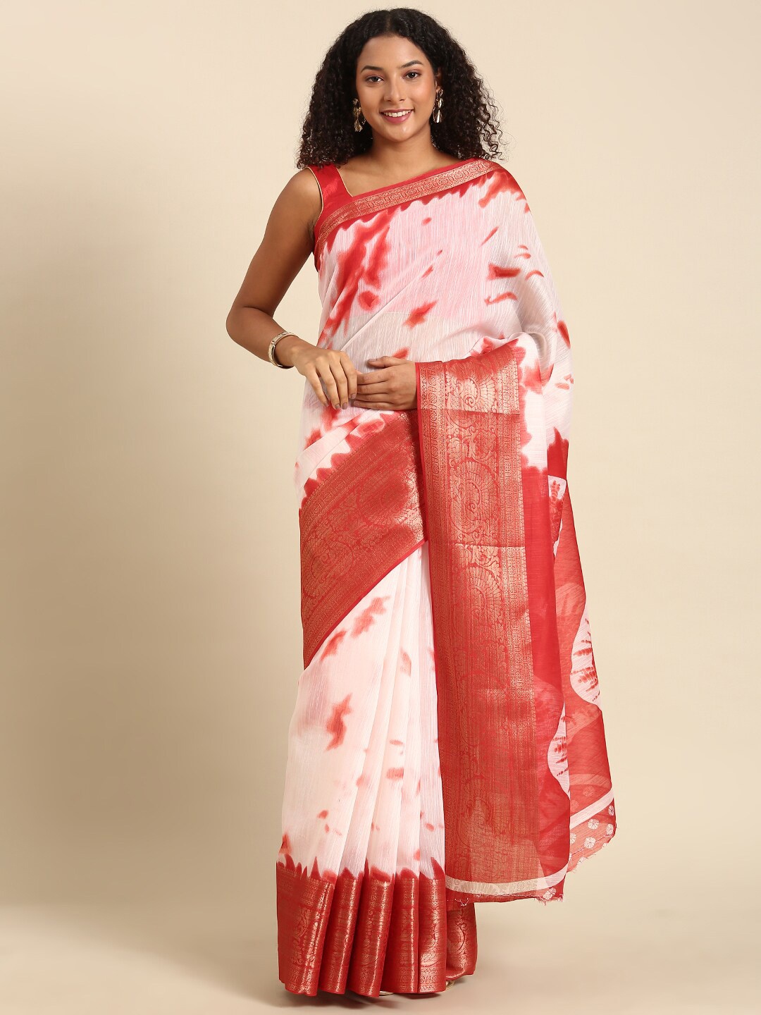 

Anouk Tie And Dye Printed Zari Saree, Off white