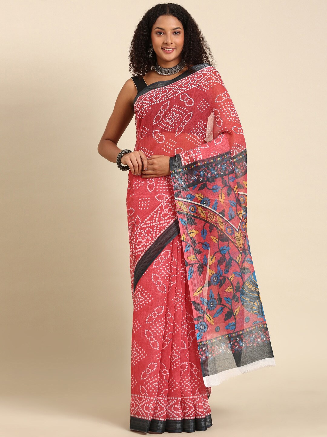 

Anouk Bandhani Printed Zari Saree, Coral