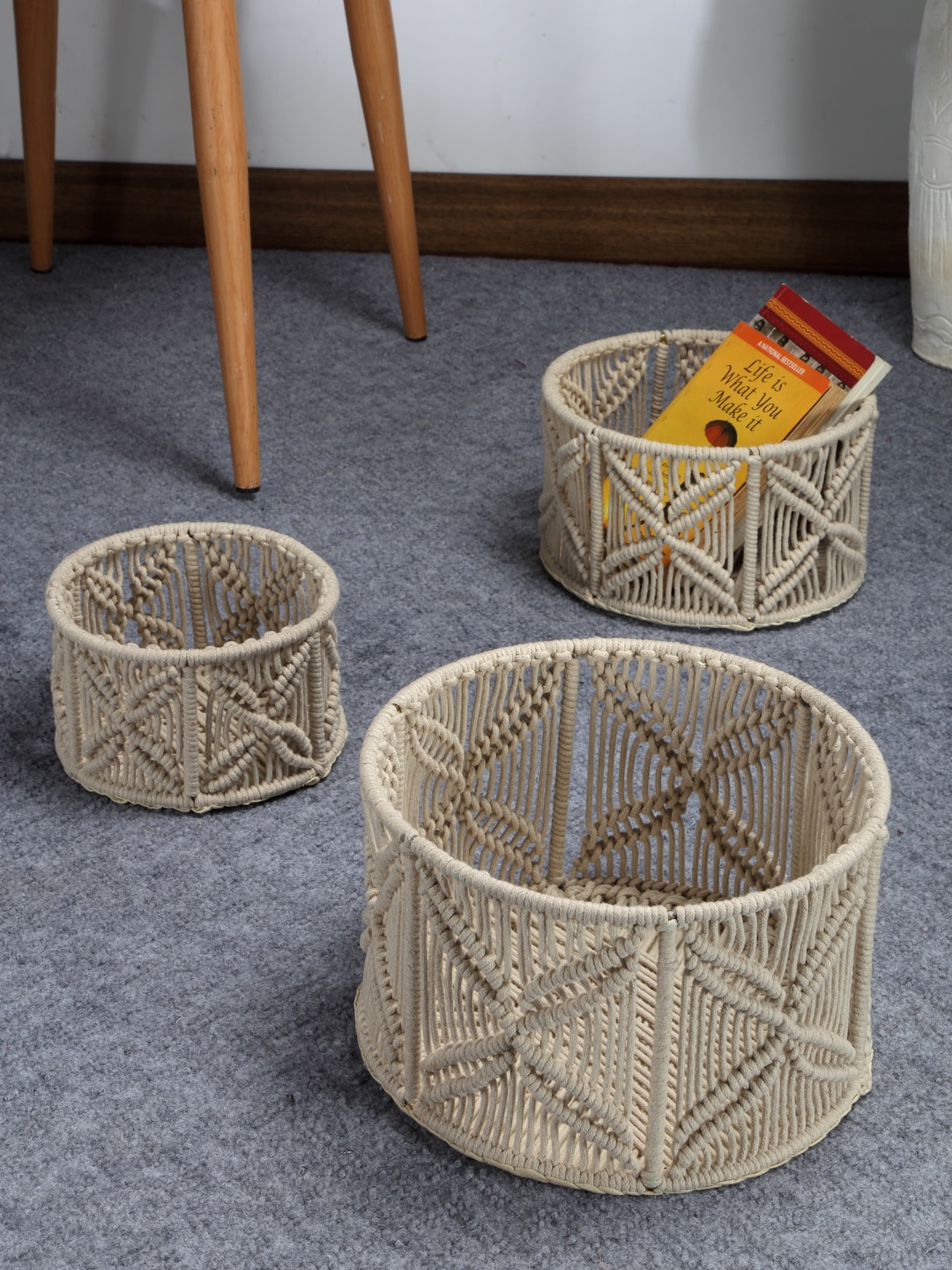

FABINALIV Off White 3 Pieces Self-Design Macrame Multi Purpose Organisers