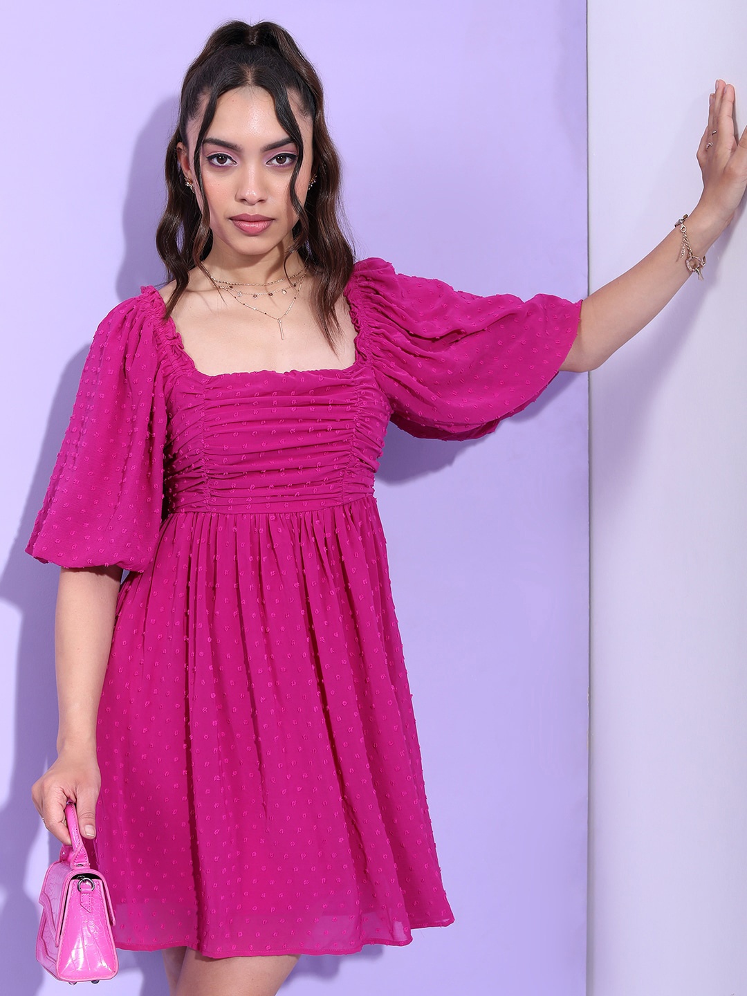 

Tokyo Talkies Fuchsia Puff Sleeve Fit & Flare Dress