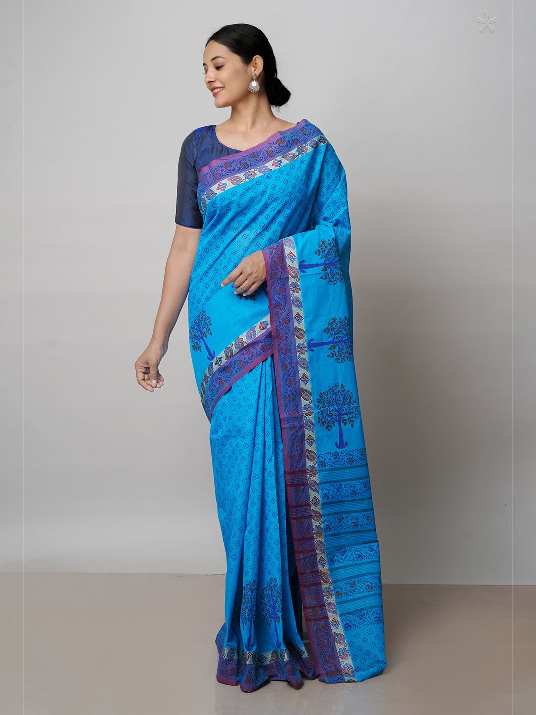 

Unnati Silks Ethnic Motifs Pure Cotton Handloom Chettinad Saree, Blue