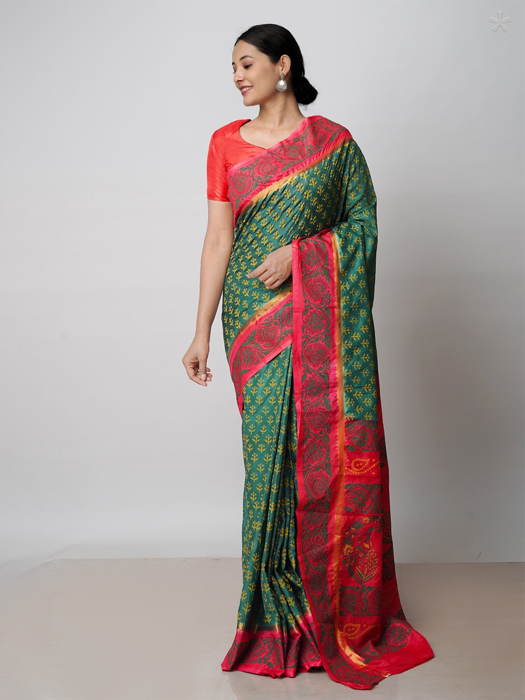 

Unnati Silks Floral Printed Handloom Baluchari Saree, Green