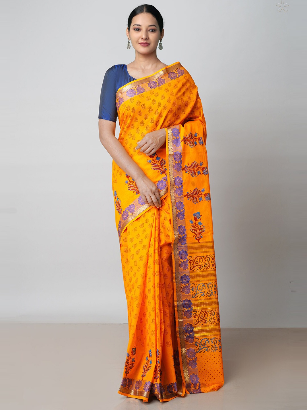 

Unnati Silks Floral Printed Zari Pure Cotton Handloom Chettinad Saree, Yellow