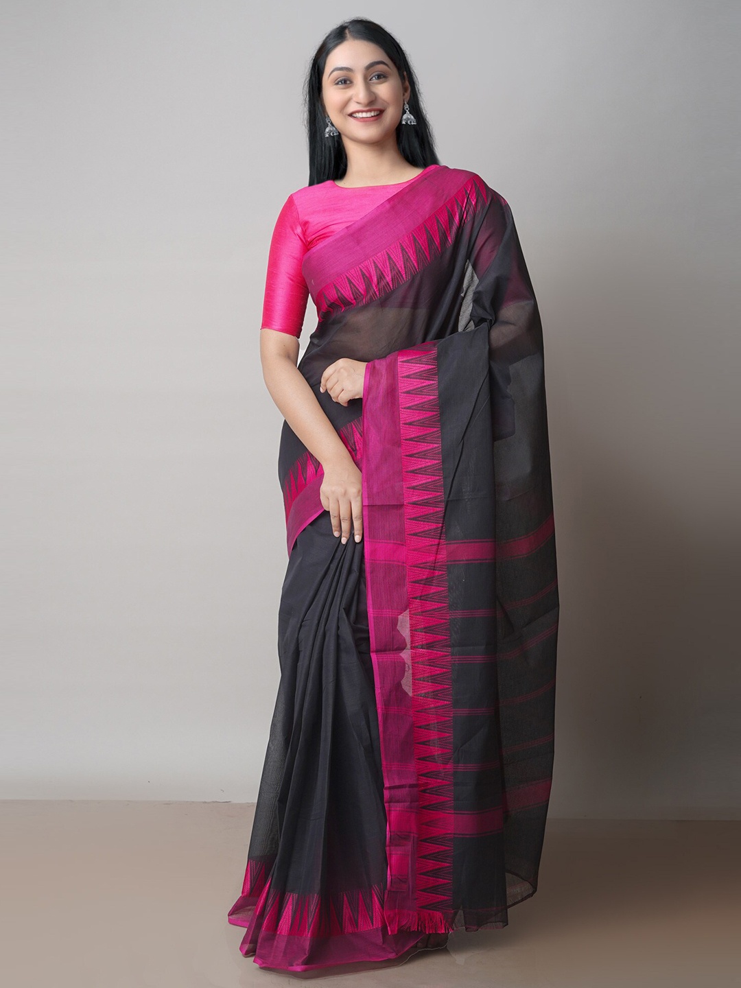 

Unnati Silks Woven Design Pure Cotton Handloom Chettinad Saree With Blouse Piece, Black