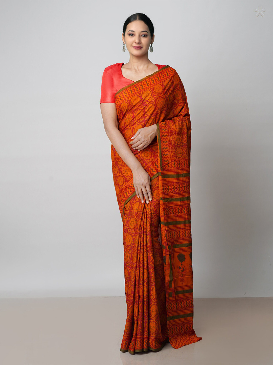 

Unnati Silks Ethnic Motifs Pure Cotton Block Print Saree, Orange