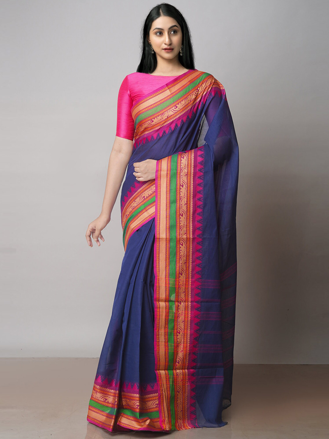

Unnati Silks Pure Cotton Handloom Chettinad Saree, Navy blue