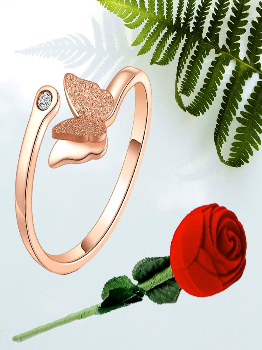 

UNIVERSITY TRENDZ Rose-Gold Plated Butterfly Ring With Artificial Red Rose