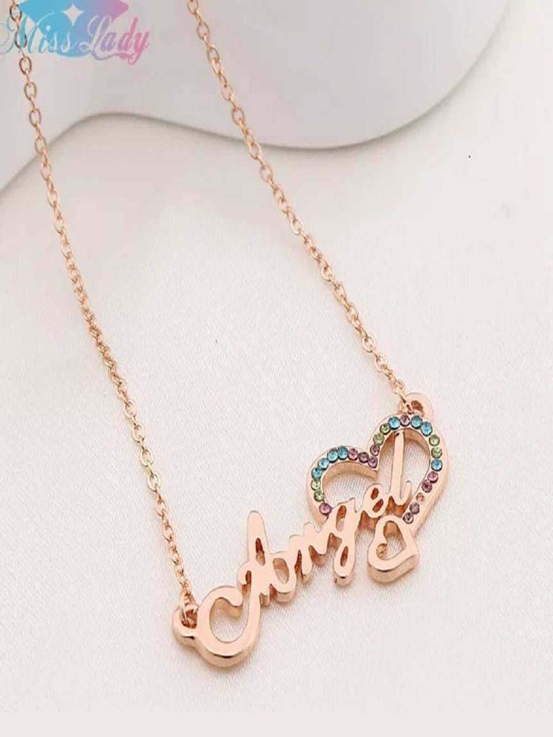 

UNIVERSITY TRENDZ Gold-Plated Crystal Studded Angel Name Heart Necklace