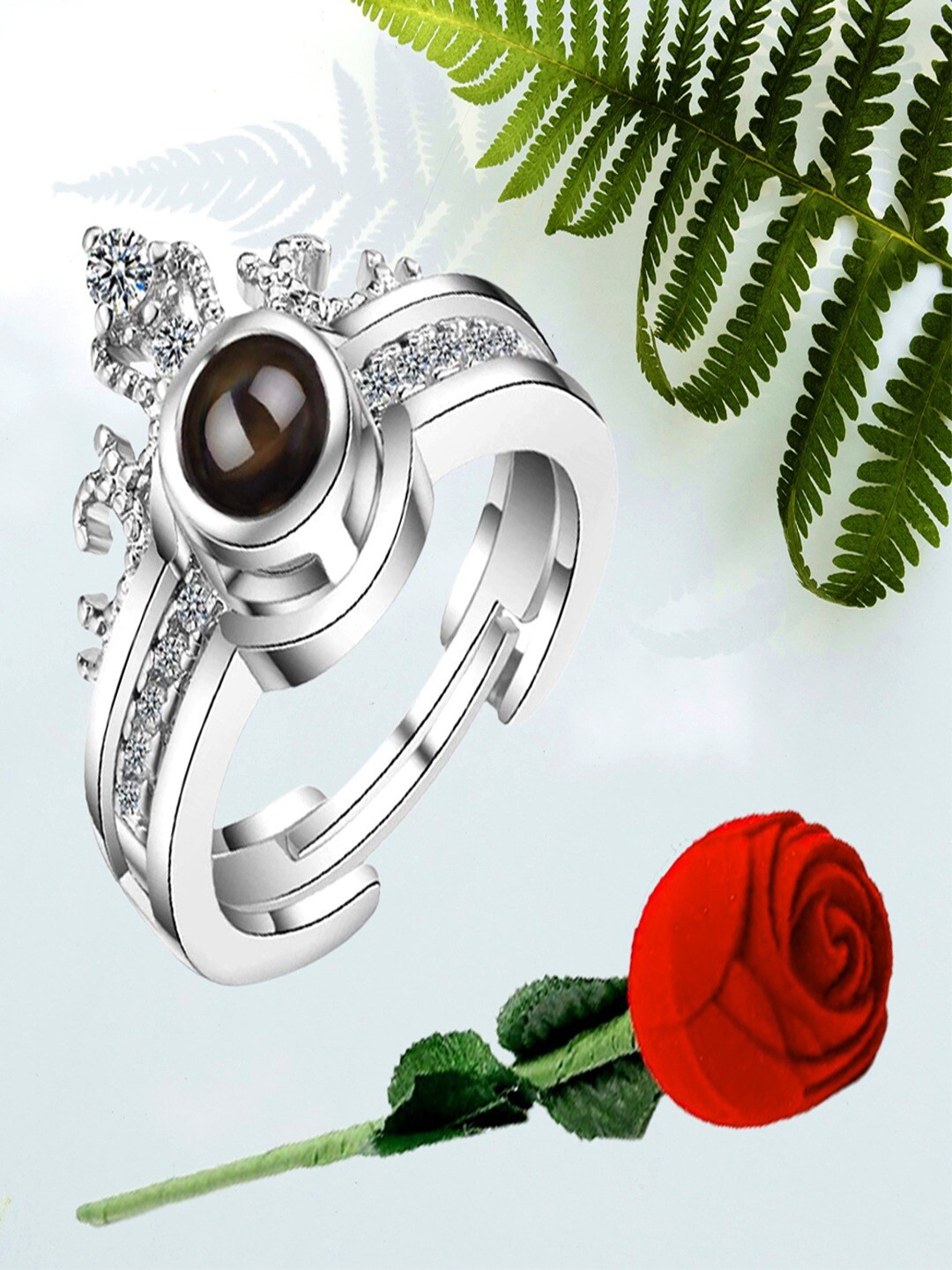 

UNIVERSITY TRENDZ Silver-Plated Crown Ring With Artificial Red Rose