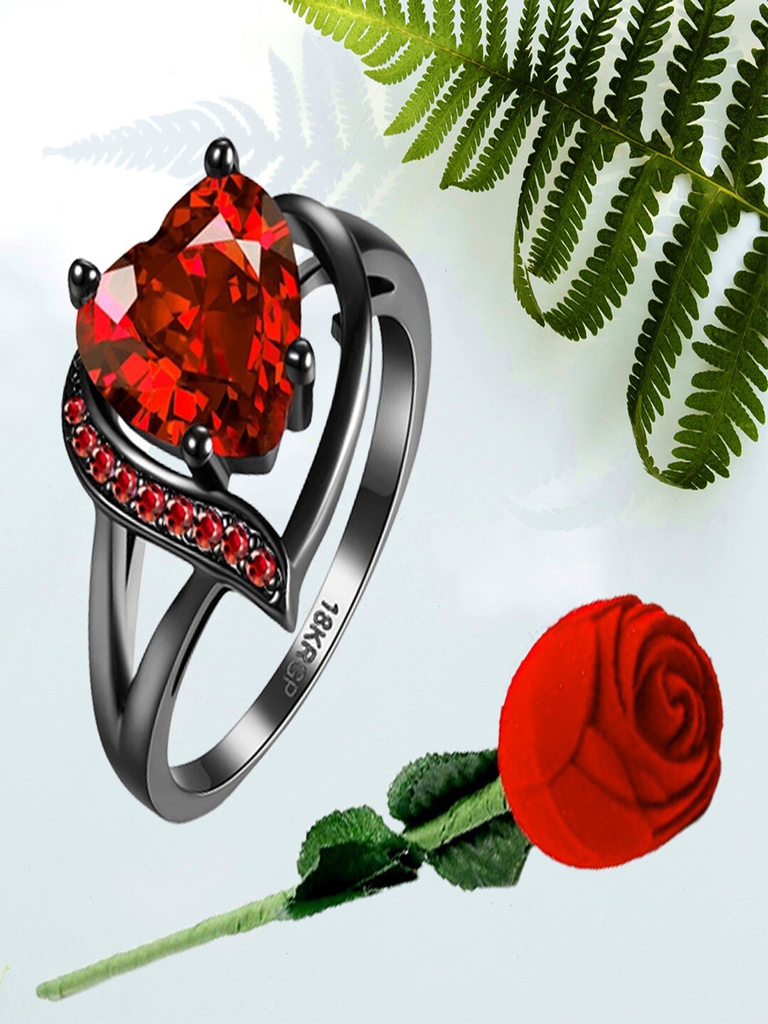 

UNIVERSITY TRENDZ Silver Plated Heart Shaped Ring With Artificial Red Rose
