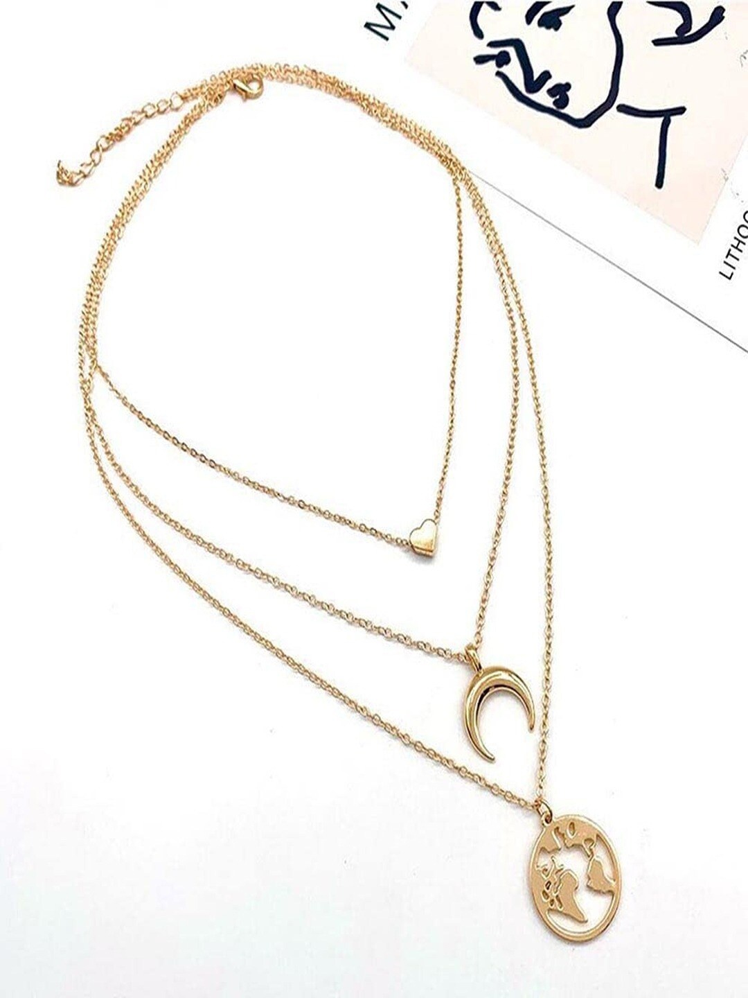 

UNIVERSITY TRENDZ Gold-Plated Half Moon-Heart Layered Necklace