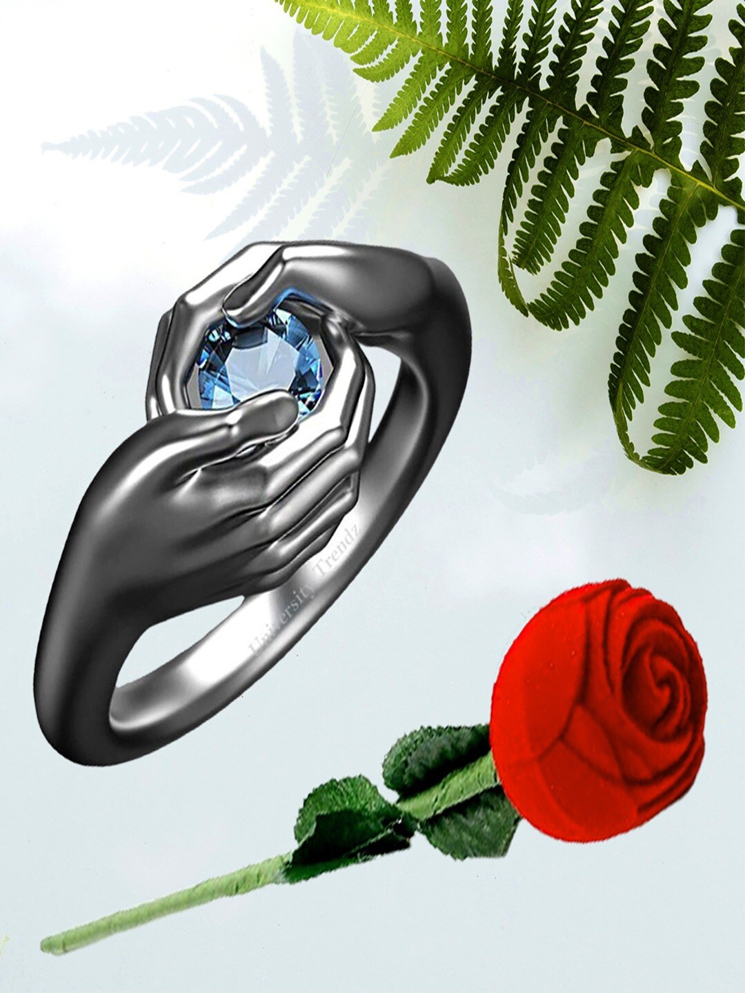 

UNIVERSITY TRENDZ Silver-Plated Crystal Hug Hand Ring With Rose Velvet Gift Set