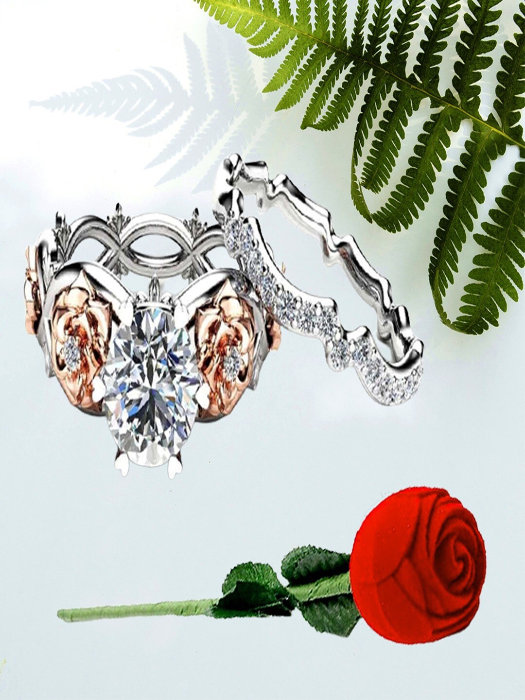 

UNIVERSITY TRENDZ Set Of 2 Silver Plated Studded Rings With Artificial Red Rose