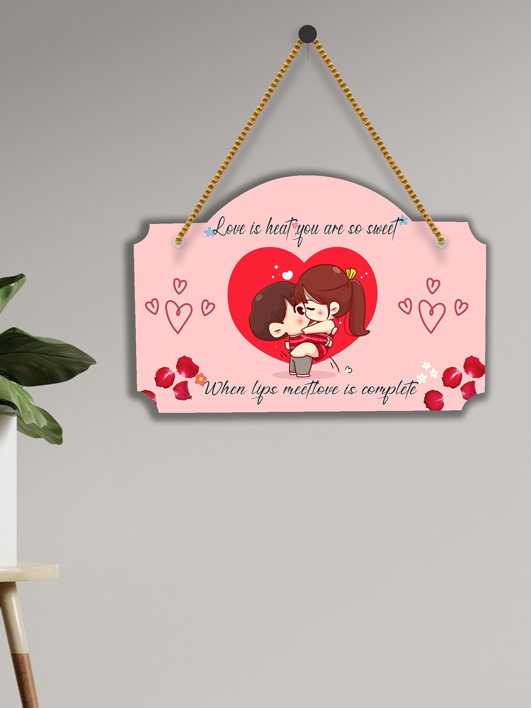 

SAF Peach-Colored & Red Love Couple Design Wooden Wall Hanging With Zardoori String