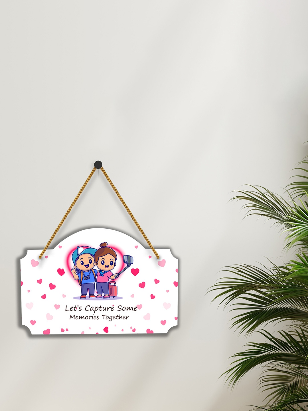 

SAF White & Pink Love Couple Printed Hexagon Shaped Wooden wall hanging With Zardoori