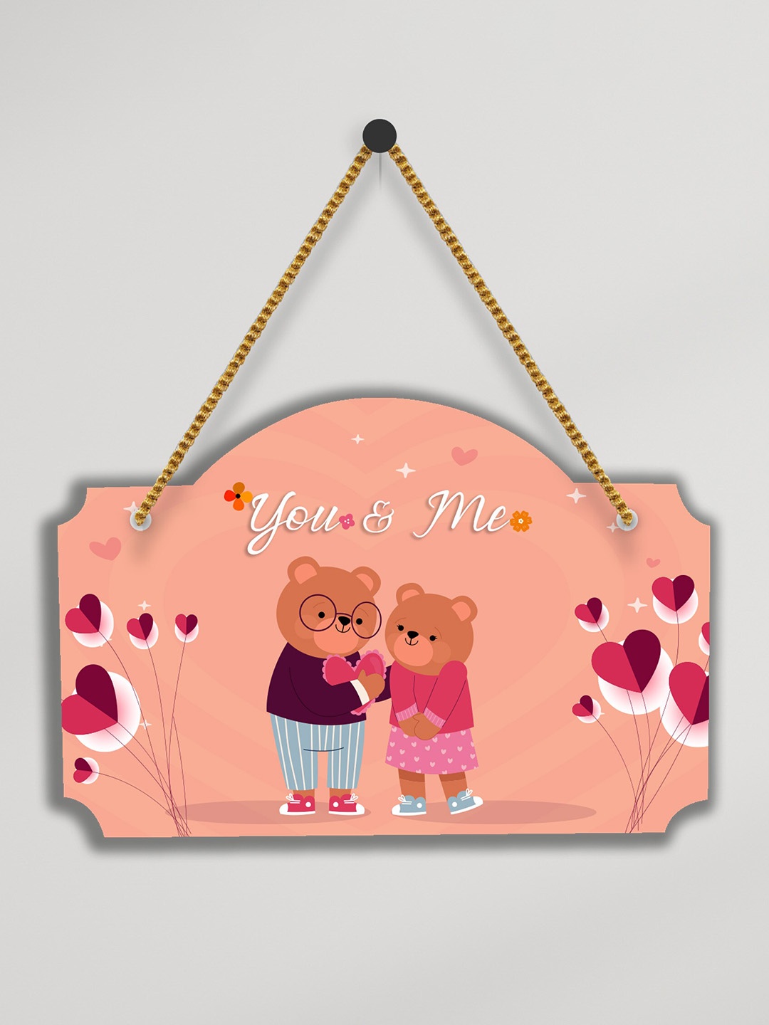 

SAF Peach-Colored & Brown Love Couple Design Wooden Wall Hanging With Zardoori String