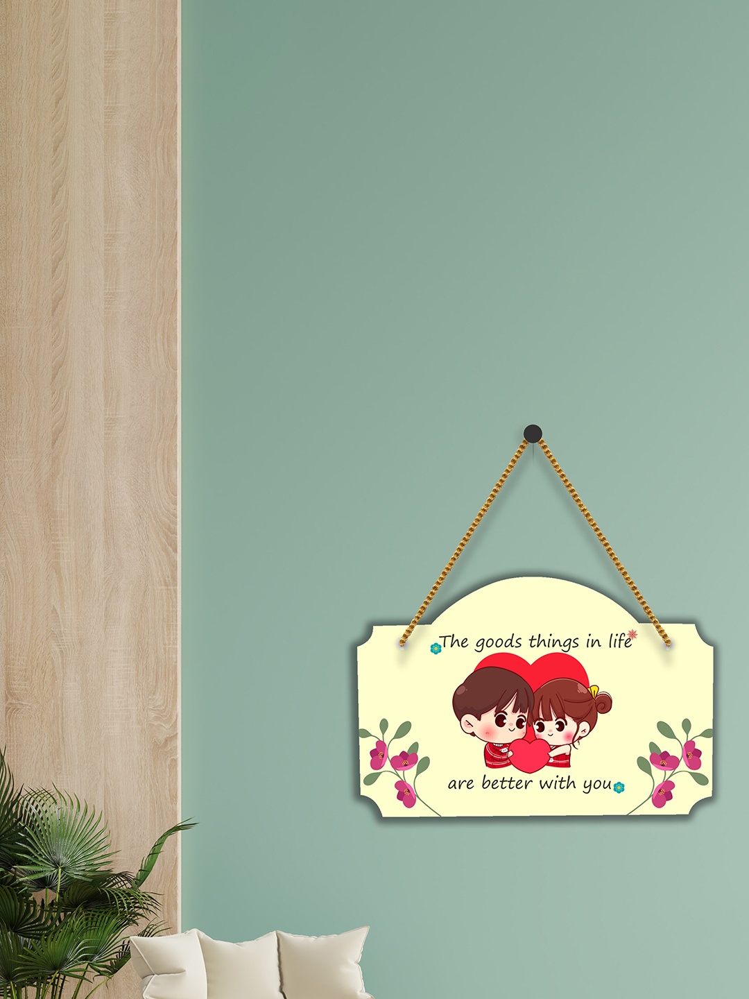 

SAF Yellow & Red Love Couple Design Wooden Wall Hanging With Zardoori String