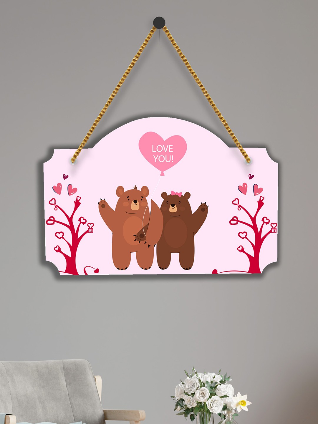 

SAF Pink & Brown Love Couple Design Wooden Wall Hanging With Zardoori String