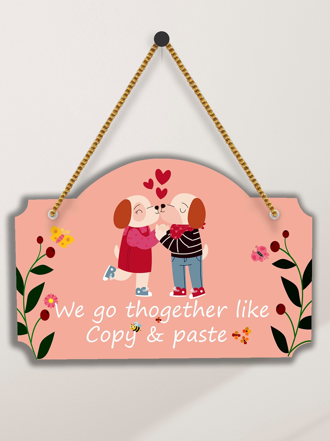 

SAF Peach-Colored & Pink Love Couple Printed Wooden Wall Hanging With Zardoori