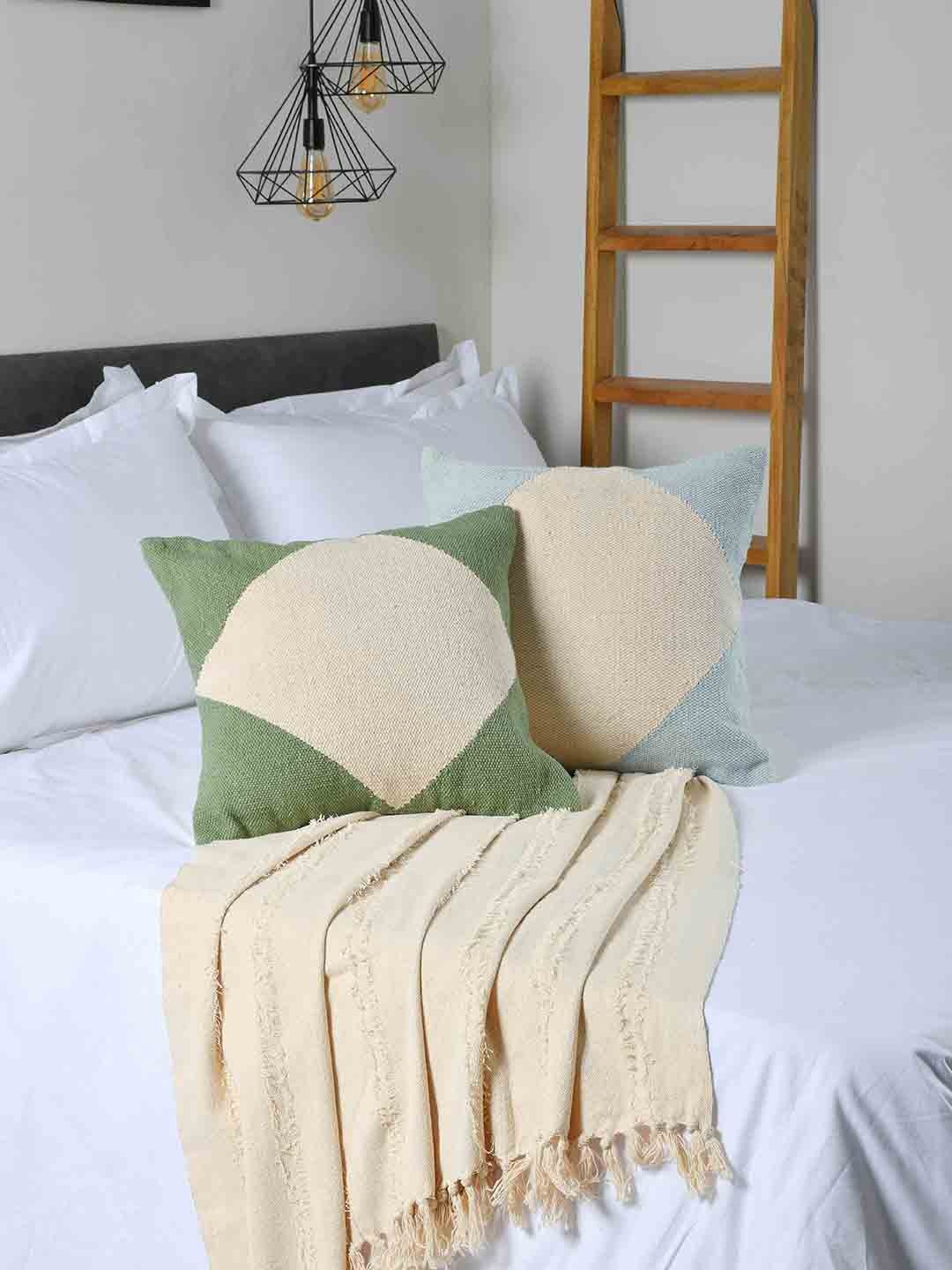 

THE SEWING CREST 2 Pieces Cream-Coloured Colourblocked Cotton Square Cushion Covers