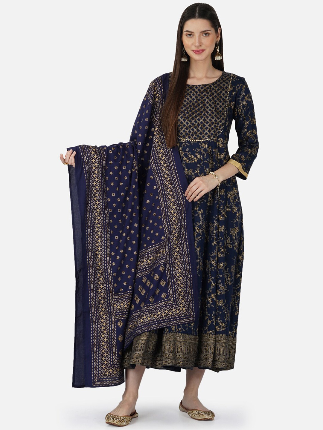 

SkyaSia Paisley Printed Gotta Patti Anarkali Kurta with Dupatta, Blue