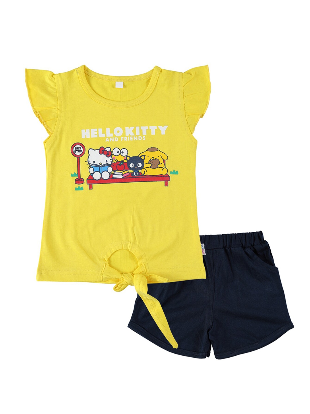 

CATCUB Girls Printed Cotton Top With Shorts, Yellow