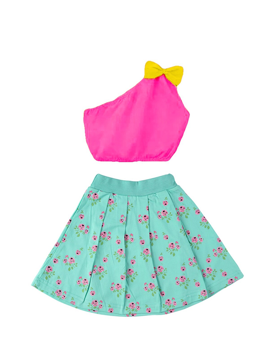 

CATCUB Girls Cotton One-Shoulder Crop Top With Skirt, Pink