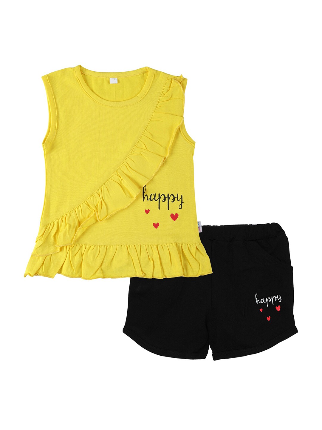 

CATCUB Girls Printed Cotton Top With Shorts Set, Yellow
