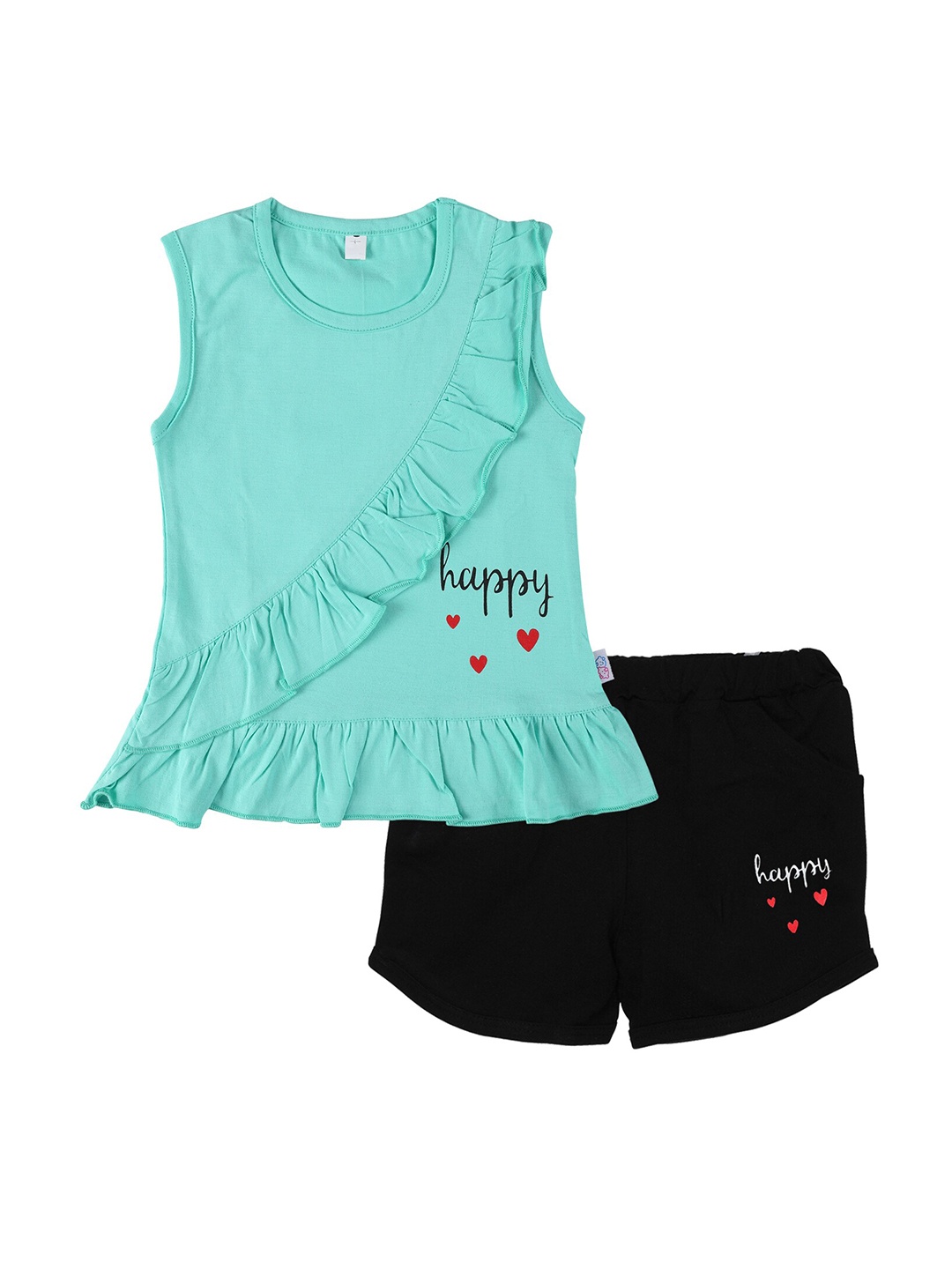 

CATCUB Girls Printed Cotton Top With Shorts Set, Green
