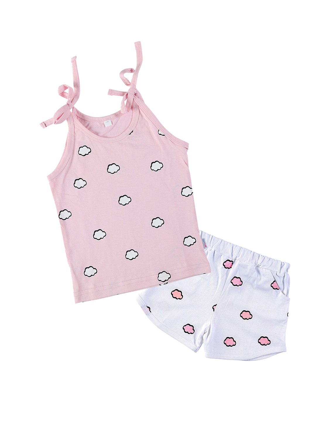 

CATCUB Girls Printed Cotton Top With Shorts Set, Pink