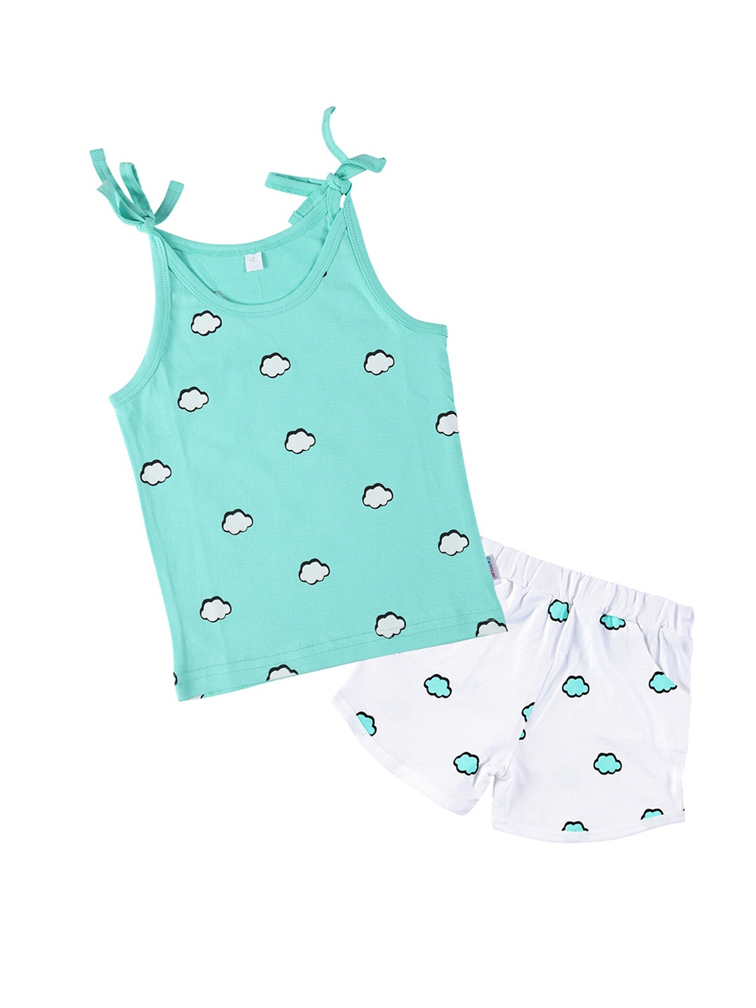 

CATCUB Girls Printed Cotton Top With Shorts Set, Green