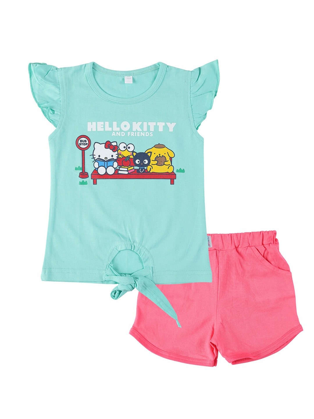 

CATCUB Girls Printed Cotton Top With Shorts, Sea green
