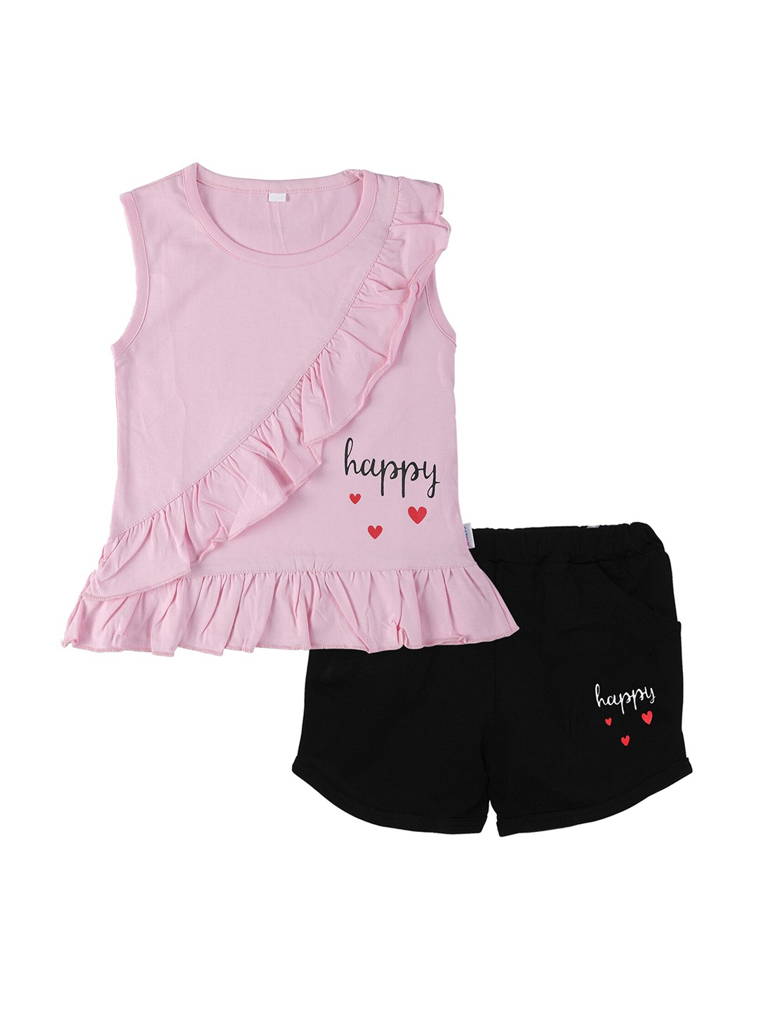 

CATCUB Girls Printed Cotton Top With Shorts, Pink