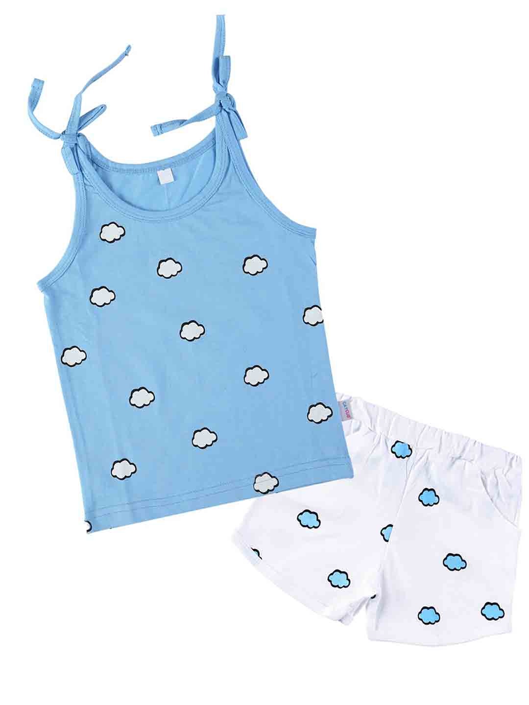 

CATCUB Girls Printed Cotton Top with Shorts, Blue