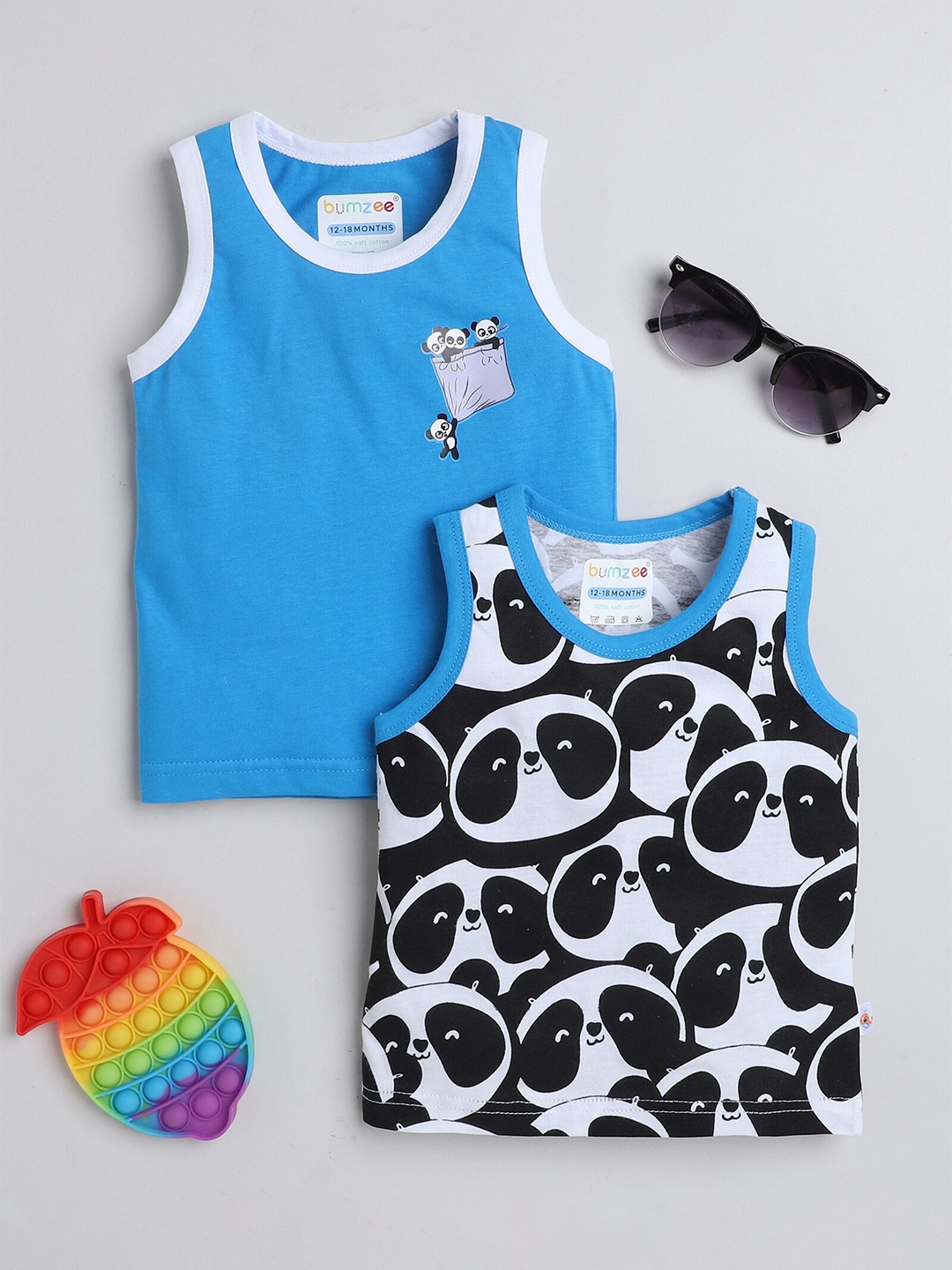 

BUMZEE Boys Pack Of 2 Conversational Printed Sleeveless Cotton T-shirt, Blue