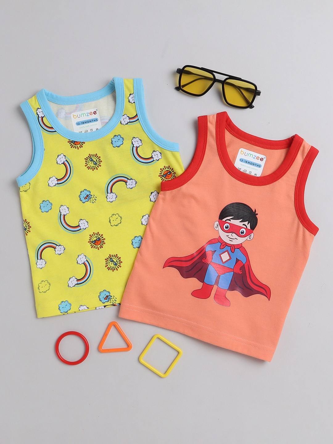 

BUMZEE Boys Pack Of 2 Sleeveless Conversational Printed T-shirts, Yellow