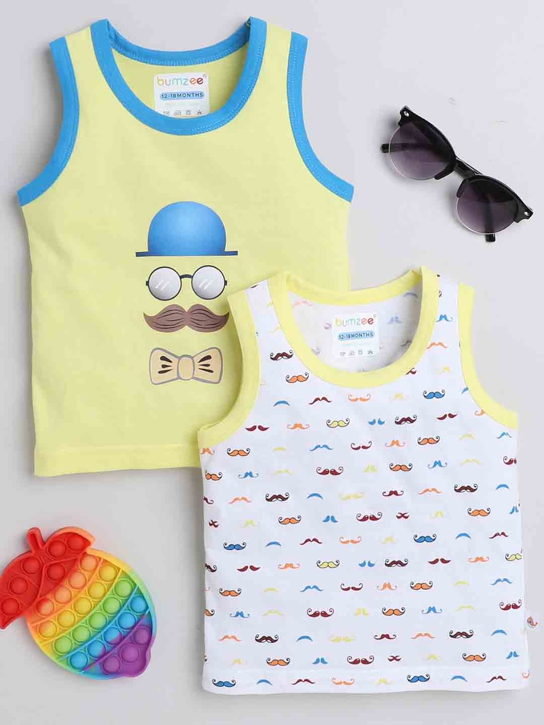 

BUMZEE Infants Pack Of 2 Conversational Printed Sleeveless Cotton T-shirt, White