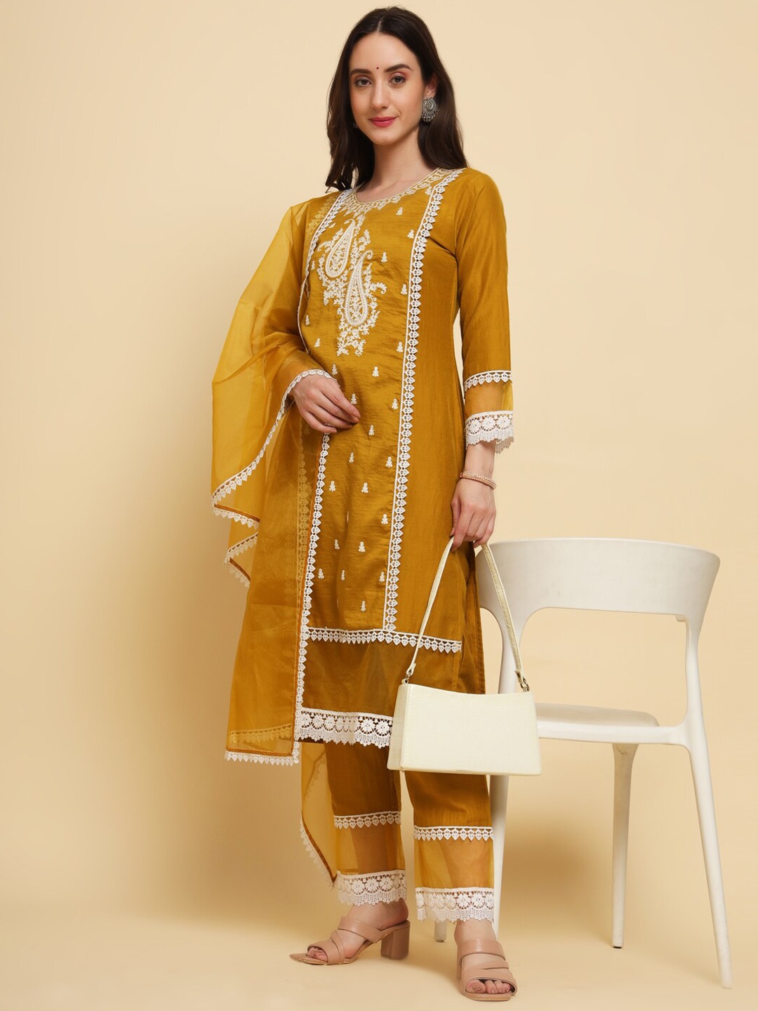 

SWAGG INDIA Ethnic Embroidered Panelled Chanderi Silk Kurta with Trousers & Dupatta, Mustard