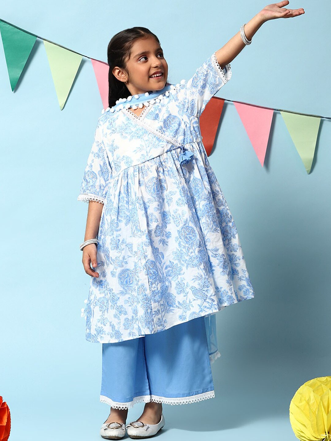 

Biba Girls Floral Printed Gotta Patti Angrakha Kurta with Palazzos & Dupatta, Blue