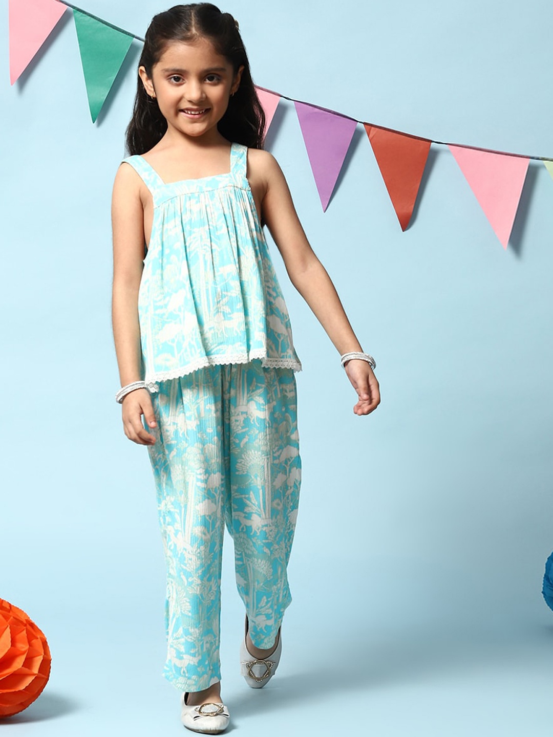 

Biba Girls Floral Printed A-Line Top with Palazzos, Turquoise blue